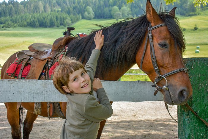 Una ragazza accarezza un cavallo sellato in una recinzione