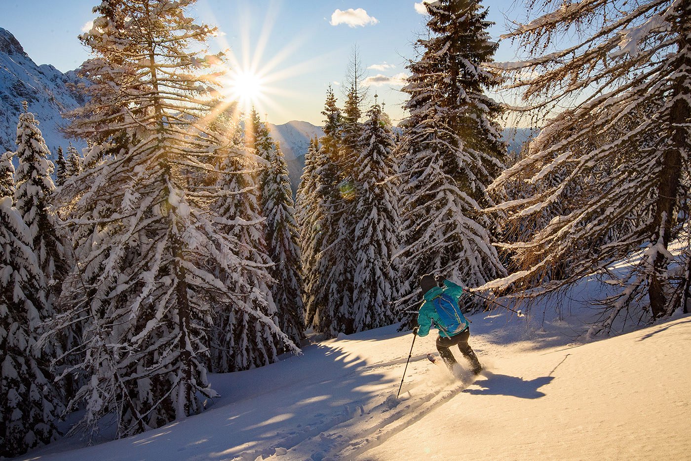 A touring skier descends through a snowy forest at sunset