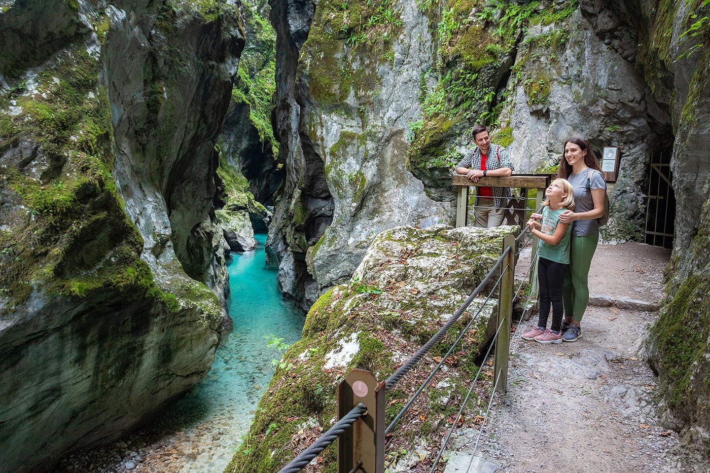The family enjoys the views of the deep Tolmin Gorges