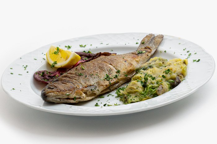 Okrepčevalnica Tolminska korita • Trout with side dish • Soča Valley Finest